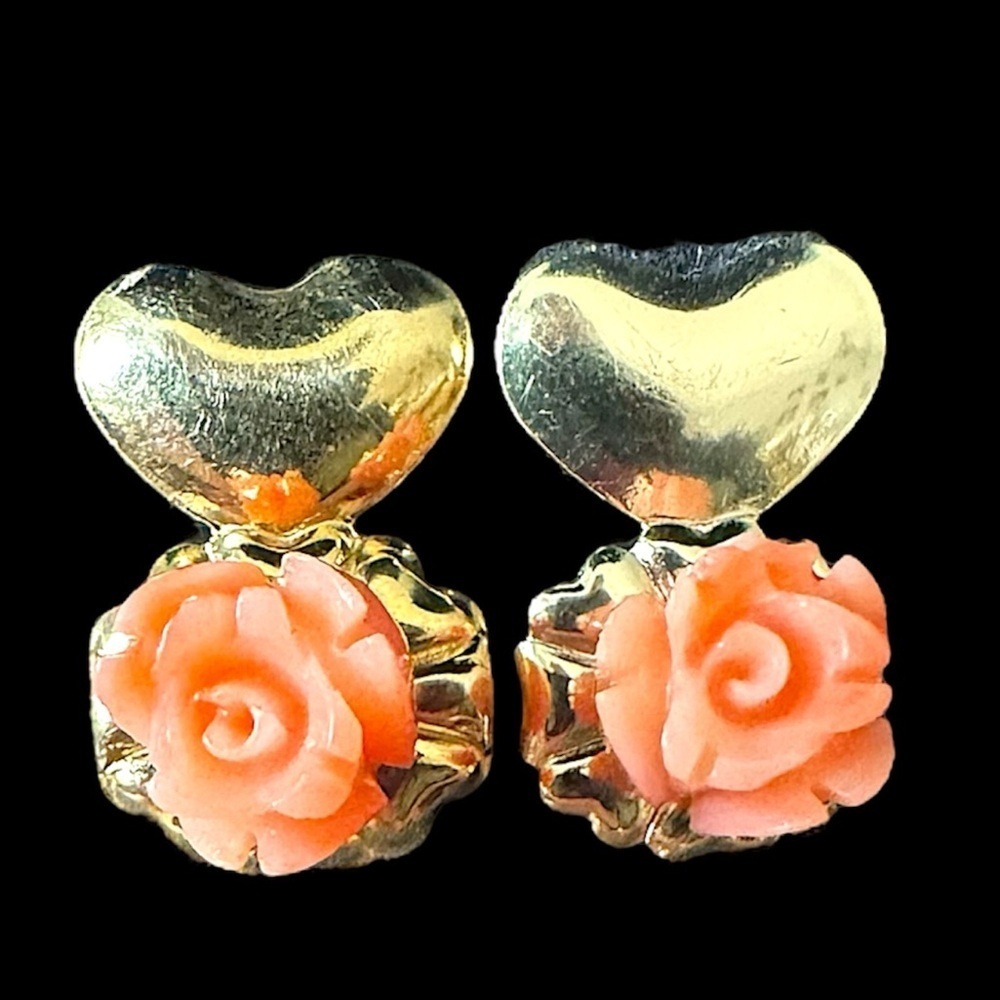 Vintage Angel Skin Coral Carved Rose & Heart Sterling Pierced Earring Studs